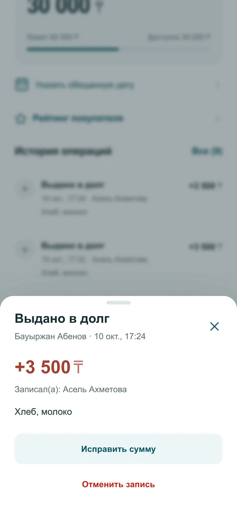 Кабинет магазина: окно той же записи «Выдано в долг» после ответа покупателя, отметки «Ждёт подтверждения» больше нет